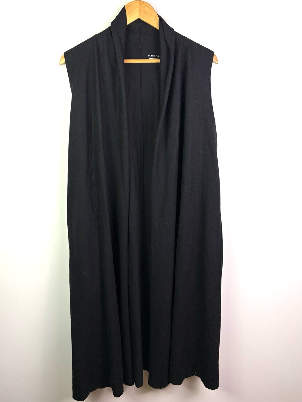 Eileen Fisher 100% wool Sleeveless Black Draped Maxi length open frontvest M